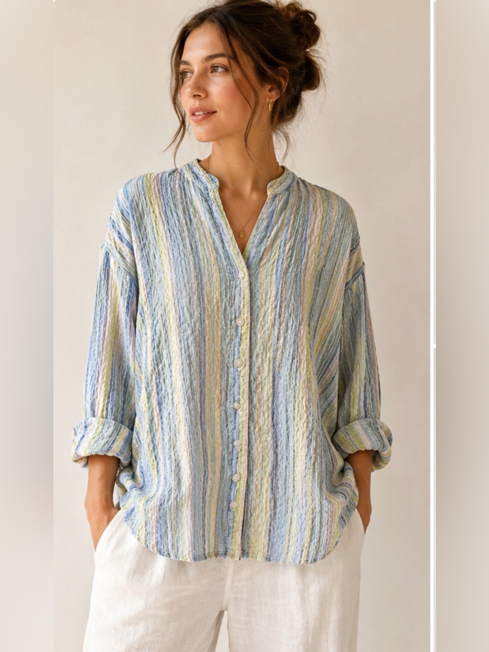 Maggie & Max Crinkle Textured Pastel Stripe Button Front Blouse Relaxed Fit Boho